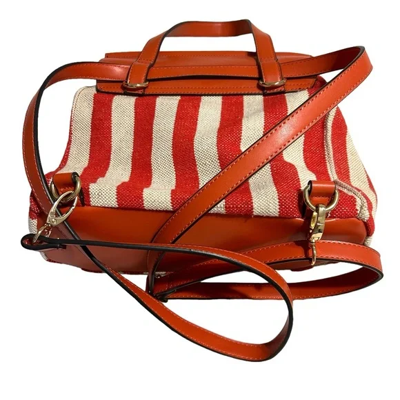 Nanette Lepore Linen Vegan Leather Backpack Red White Classic Preppy Academia - Picture 6 of 6